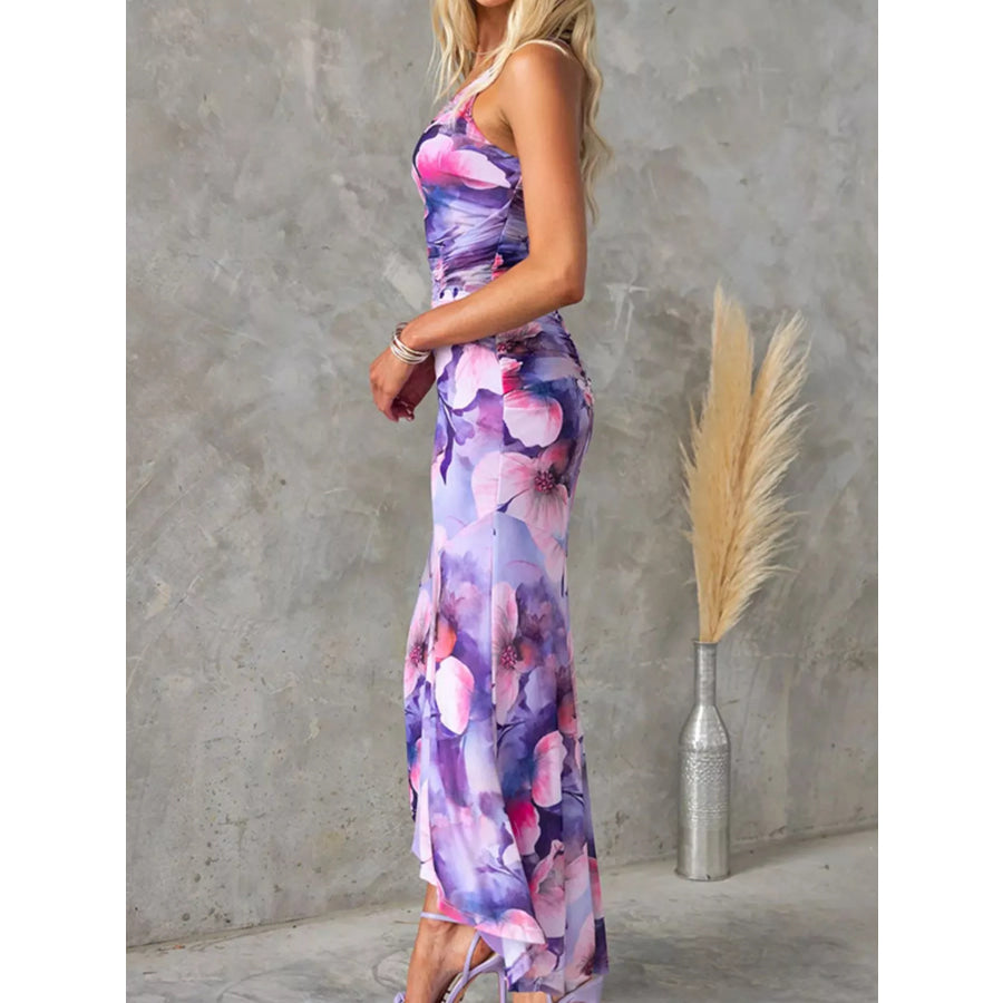 Floral Print One-Shoulder Ruched Maxi Dress Apparel and Accessories