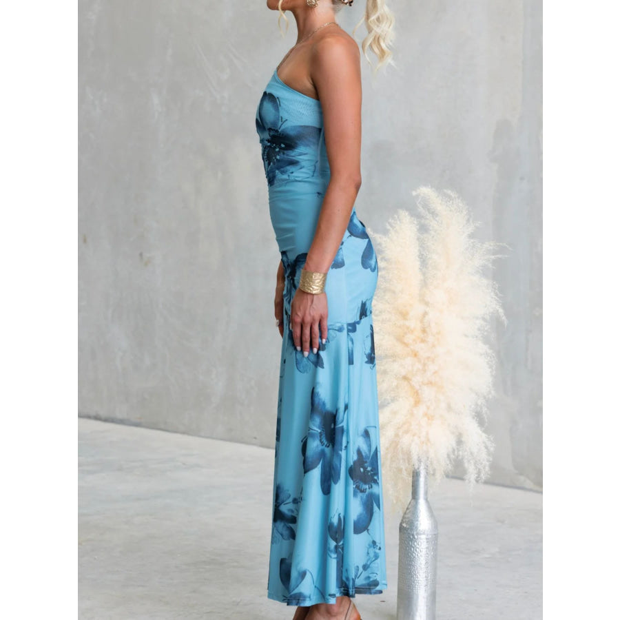 Floral Print One-Shoulder Ruched Maxi Dress Apparel and Accessories
