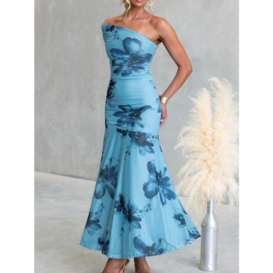 Floral Print One-Shoulder Ruched Maxi Dress Apparel and Accessories