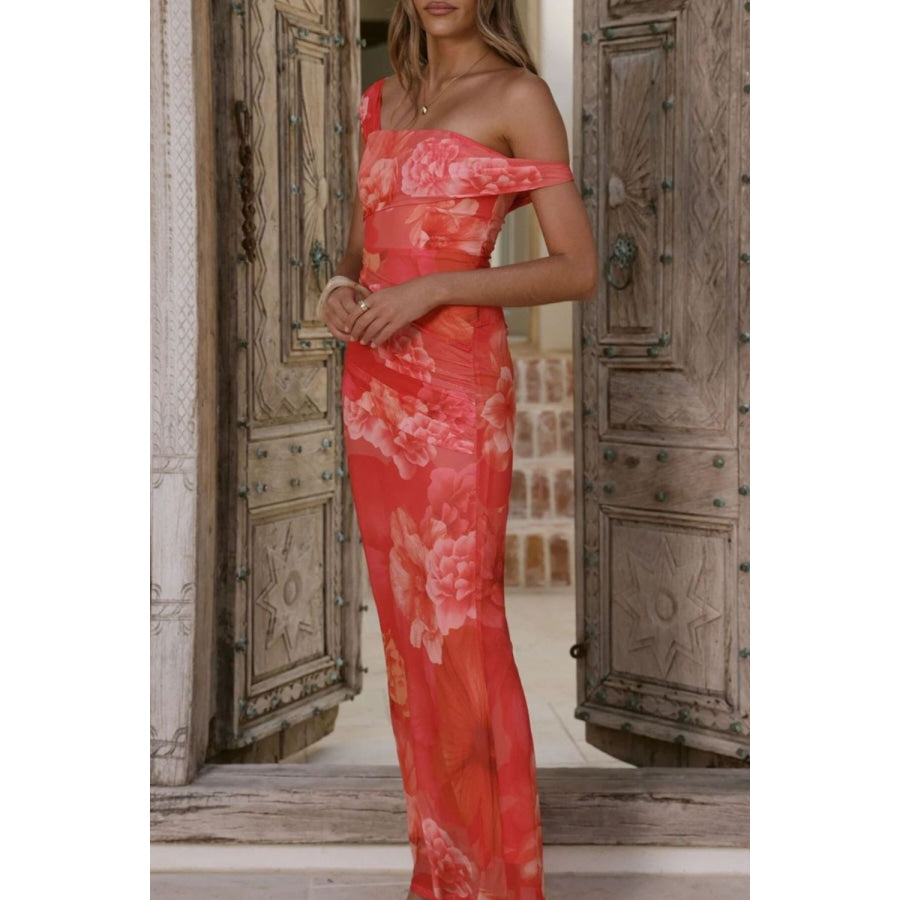 Floral Print One-Shoulder Ruched Maxi Dress Apparel and Accessories