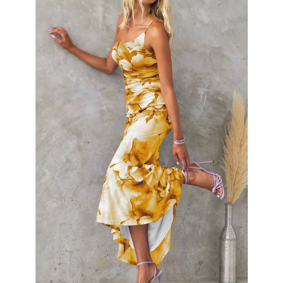 Floral Print One-Shoulder Ruched Maxi Dress Apparel and Accessories