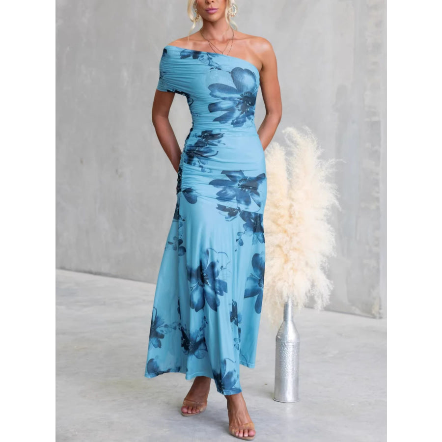 Floral Print One-Shoulder Ruched Maxi Dress Blue / S Apparel and Accessories