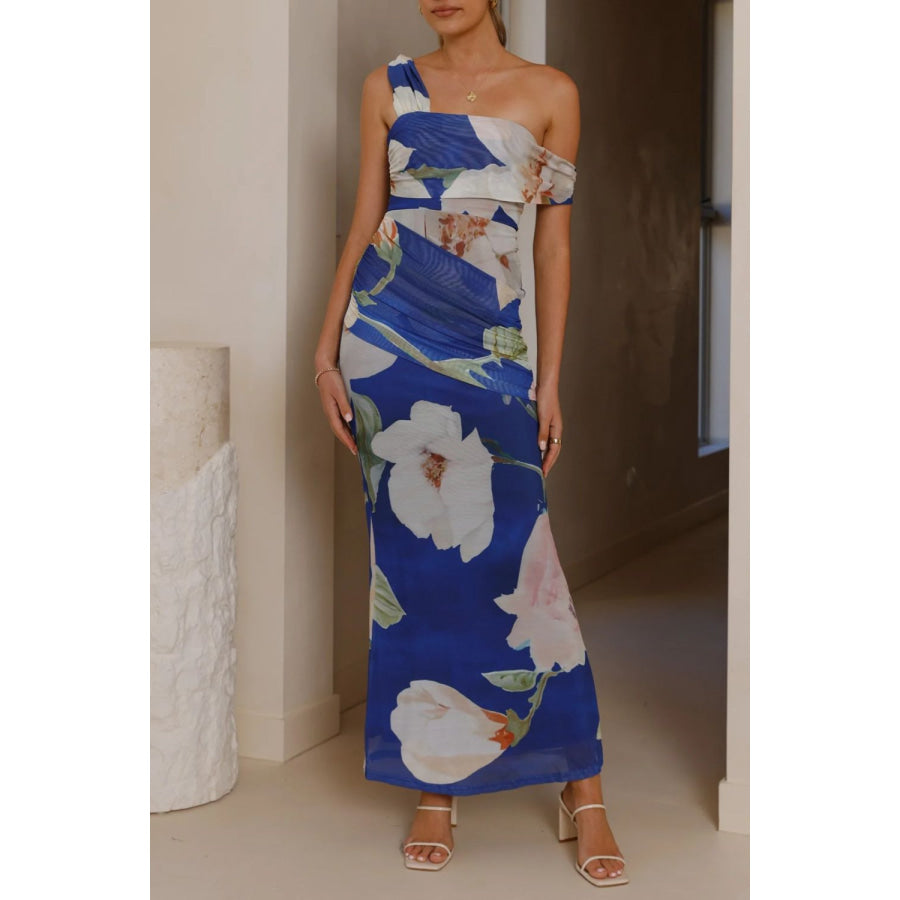 Floral Print One-Shoulder Ruched Maxi Dress Dark Blue / S Apparel and Accessories