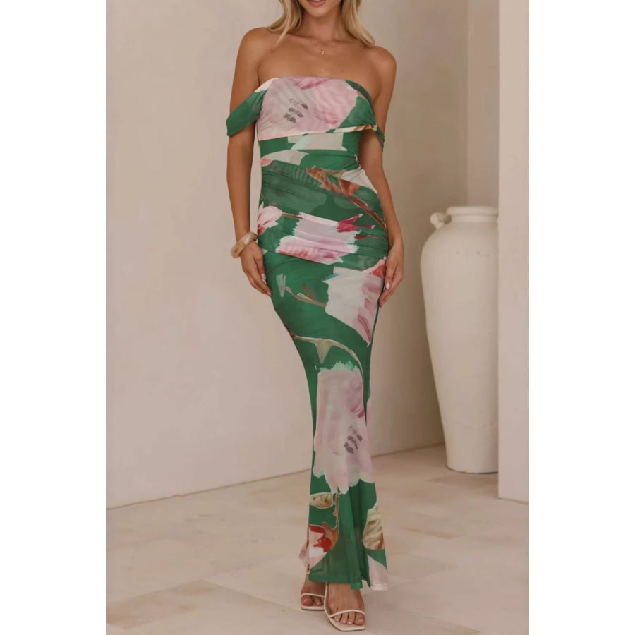 Floral Print One-Shoulder Ruched Maxi Dress Green / S Apparel and Accessories