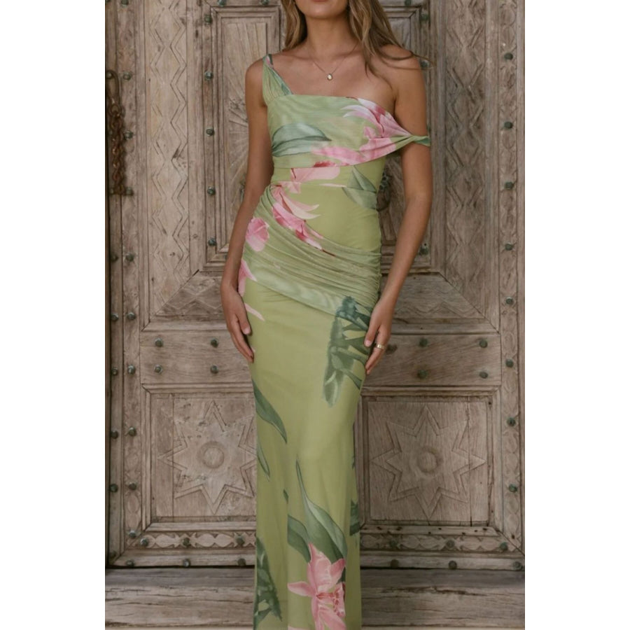 Floral Print One-Shoulder Ruched Maxi Dress Light Green / S Apparel and Accessories