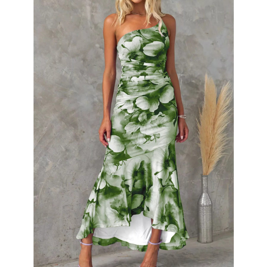 Floral Print One-Shoulder Ruched Maxi Dress Olive Green / S Apparel and Accessories