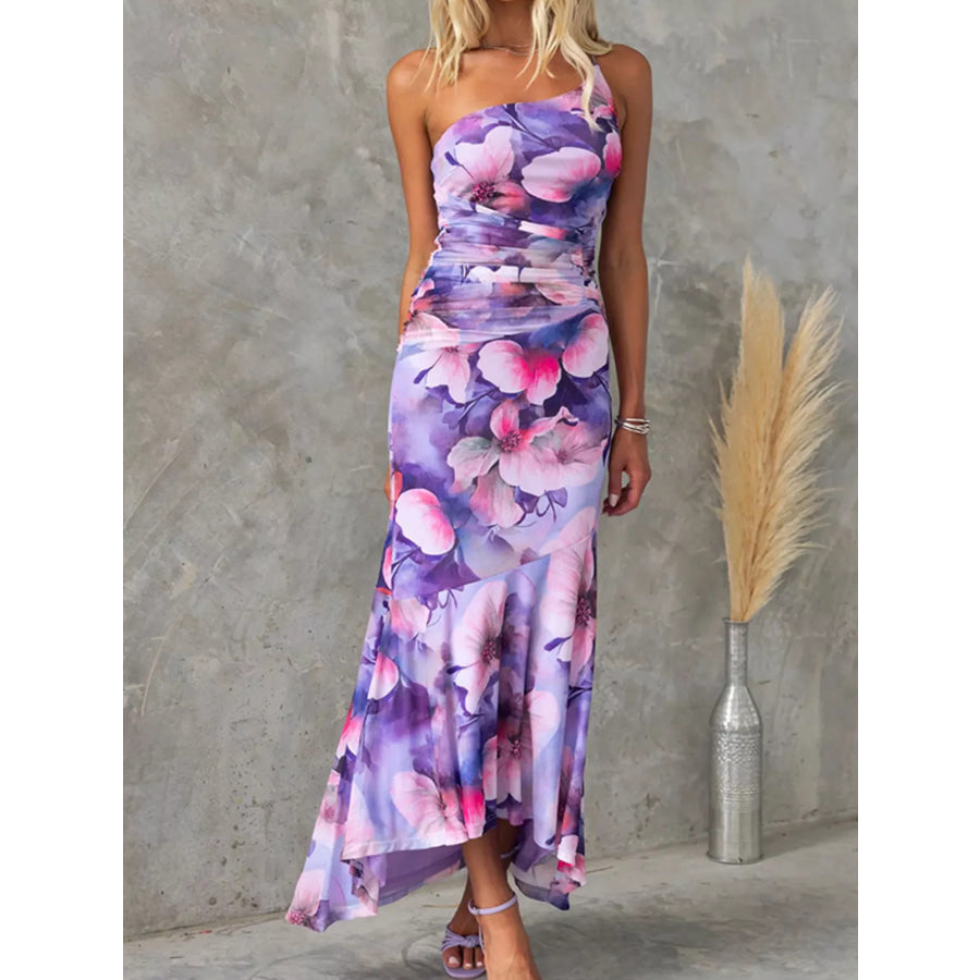 Floral Print One-Shoulder Ruched Maxi Dress Purple / S Apparel and Accessories