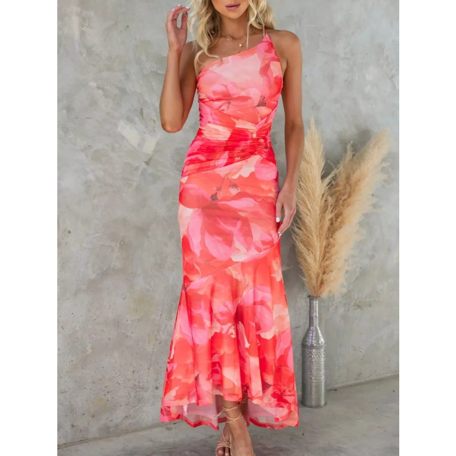 Floral Print One-Shoulder Ruched Maxi Dress Red / S Apparel and Accessories