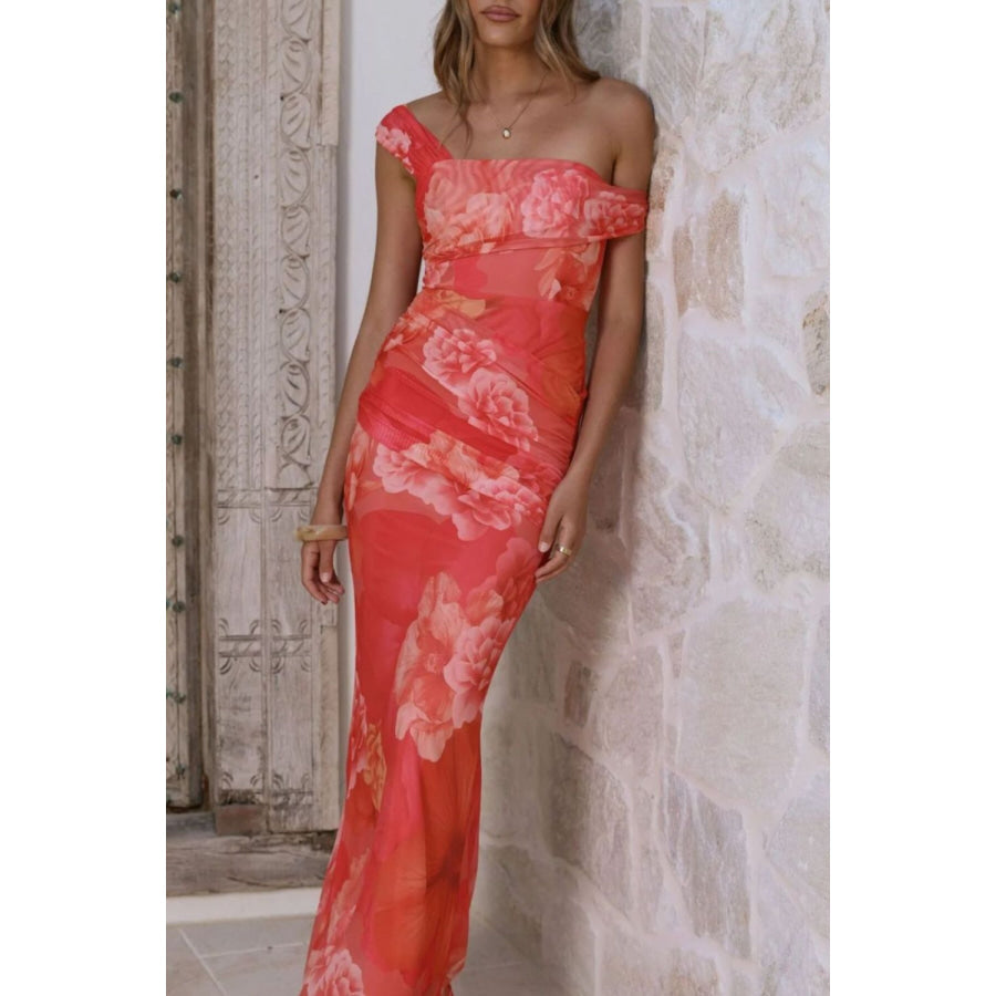 Floral Print One-Shoulder Ruched Maxi Dress Red / S Apparel and Accessories