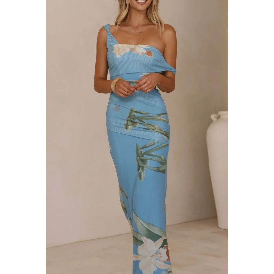 Floral Print One-Shoulder Ruched Maxi Dress Sky Blue / S Apparel and Accessories
