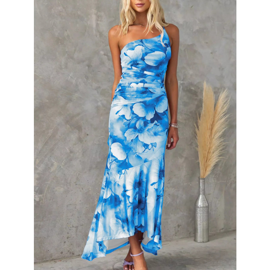 Floral Print One-Shoulder Ruched Maxi Dress Sky Blue / S Apparel and Accessories