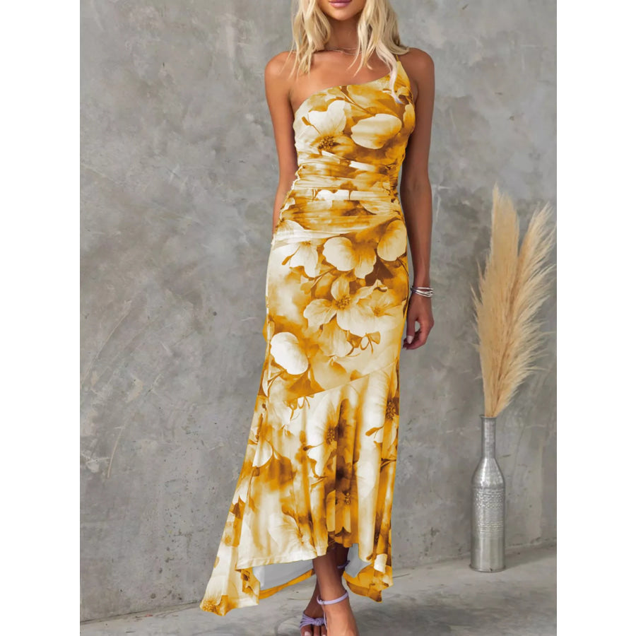 Floral Print One-Shoulder Ruched Maxi Dress Yellow / S Apparel and Accessories