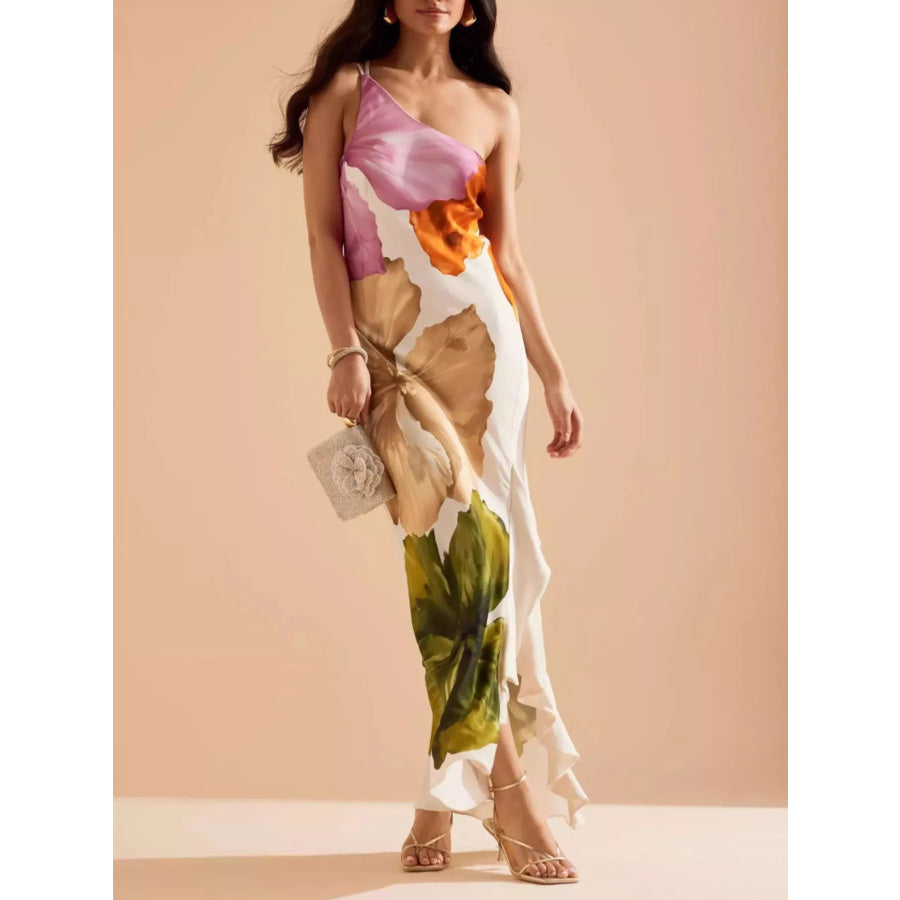 Floral Print One-Shoulder Ruffle Hem Maxi Dress Apparel and Accessories