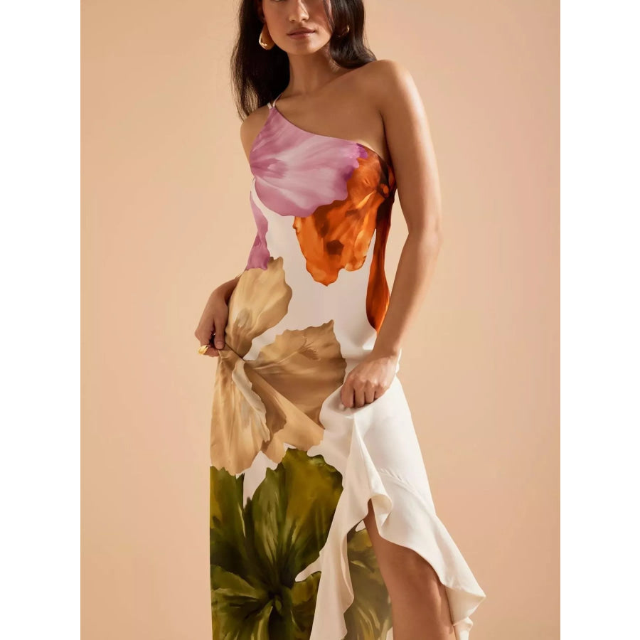 Floral Print One-Shoulder Ruffle Hem Maxi Dress Apparel and Accessories