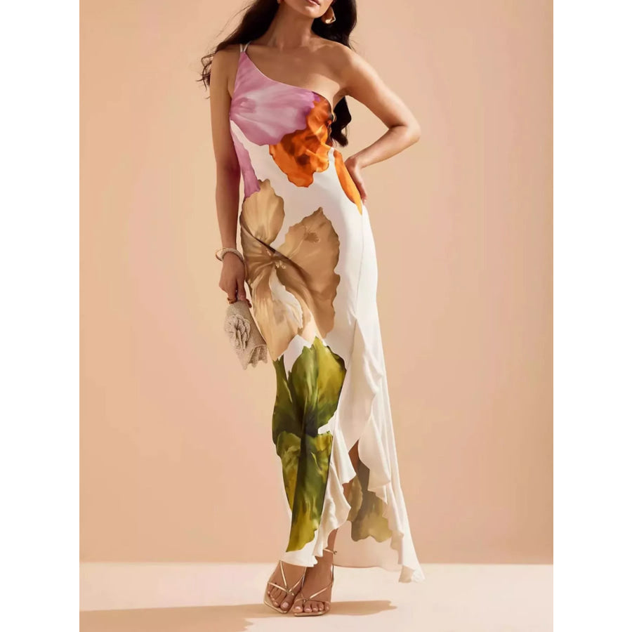Floral Print One-Shoulder Ruffle Hem Maxi Dress Apparel and Accessories