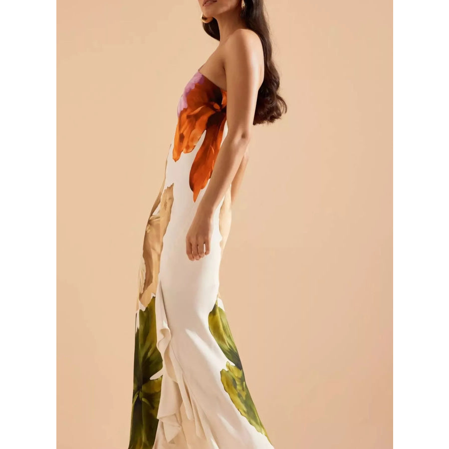 Floral Print One-Shoulder Ruffle Hem Maxi Dress Apparel and Accessories
