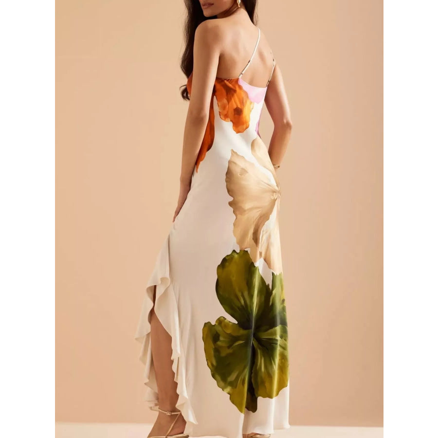 Floral Print One-Shoulder Ruffle Hem Maxi Dress Apparel and Accessories