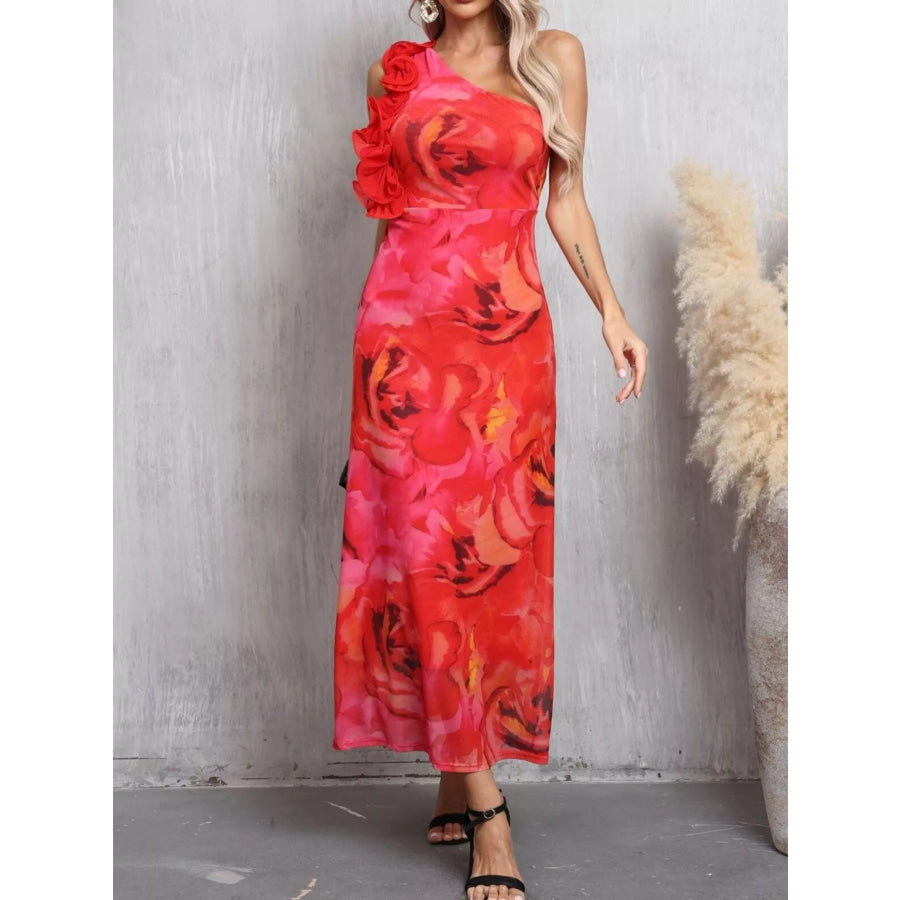 Floral Print One Shoulder Ruffle Trim Dress Apparel and Accessories