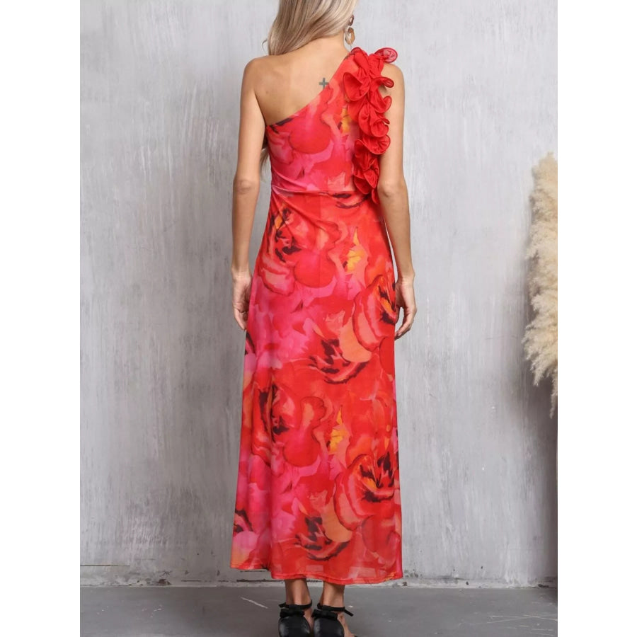 Floral Print One Shoulder Ruffle Trim Dress Apparel and Accessories