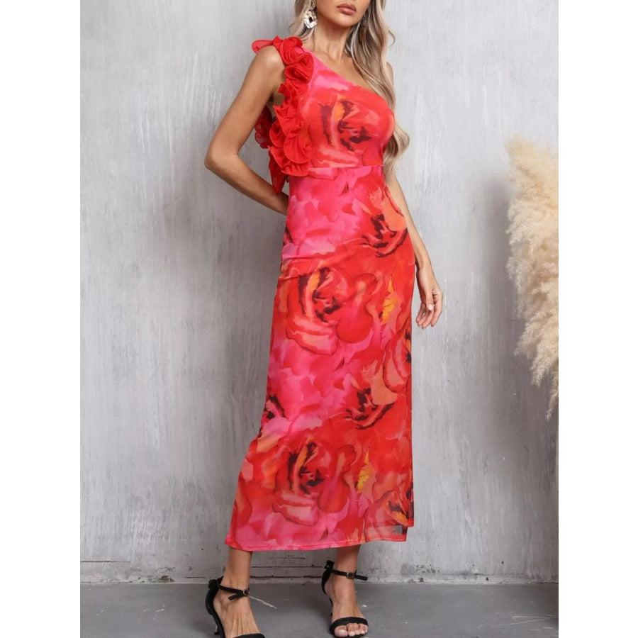 Floral Print One Shoulder Ruffle Trim Dress Apparel and Accessories