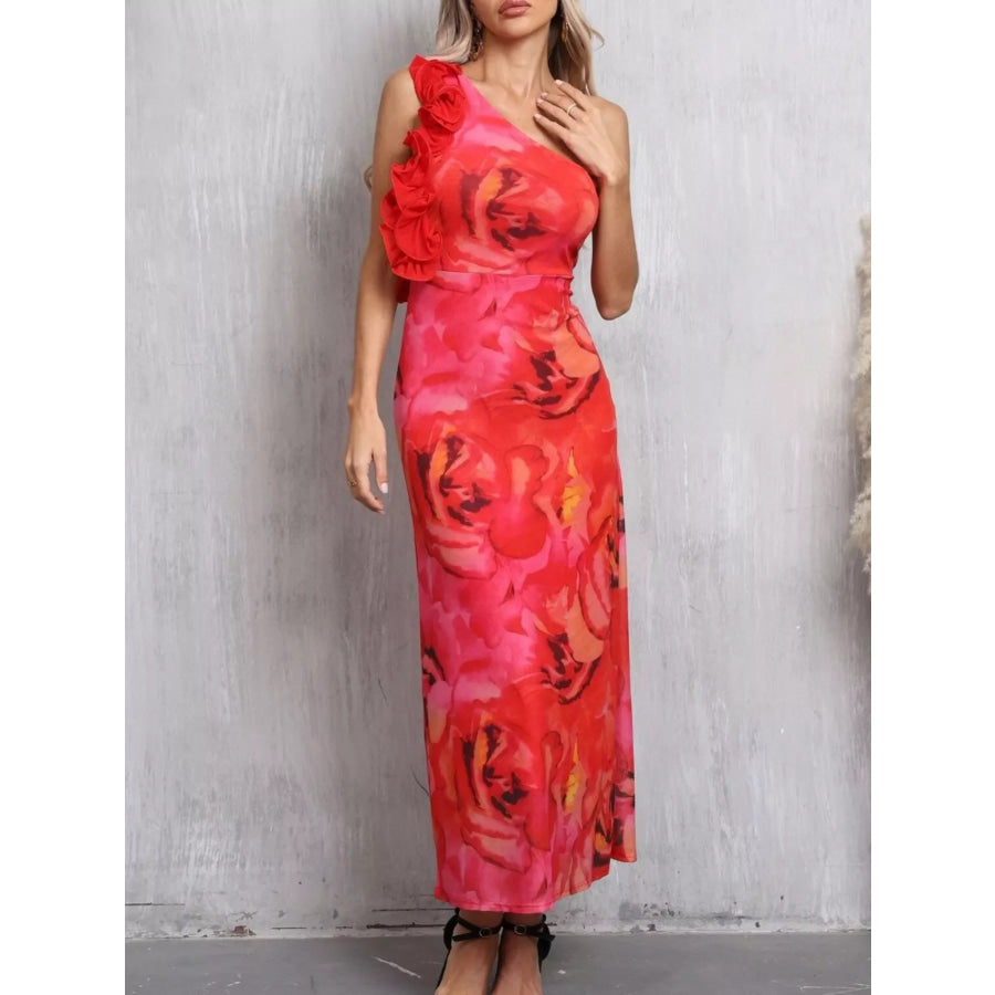 Floral Print One Shoulder Ruffle Trim Dress Apparel and Accessories