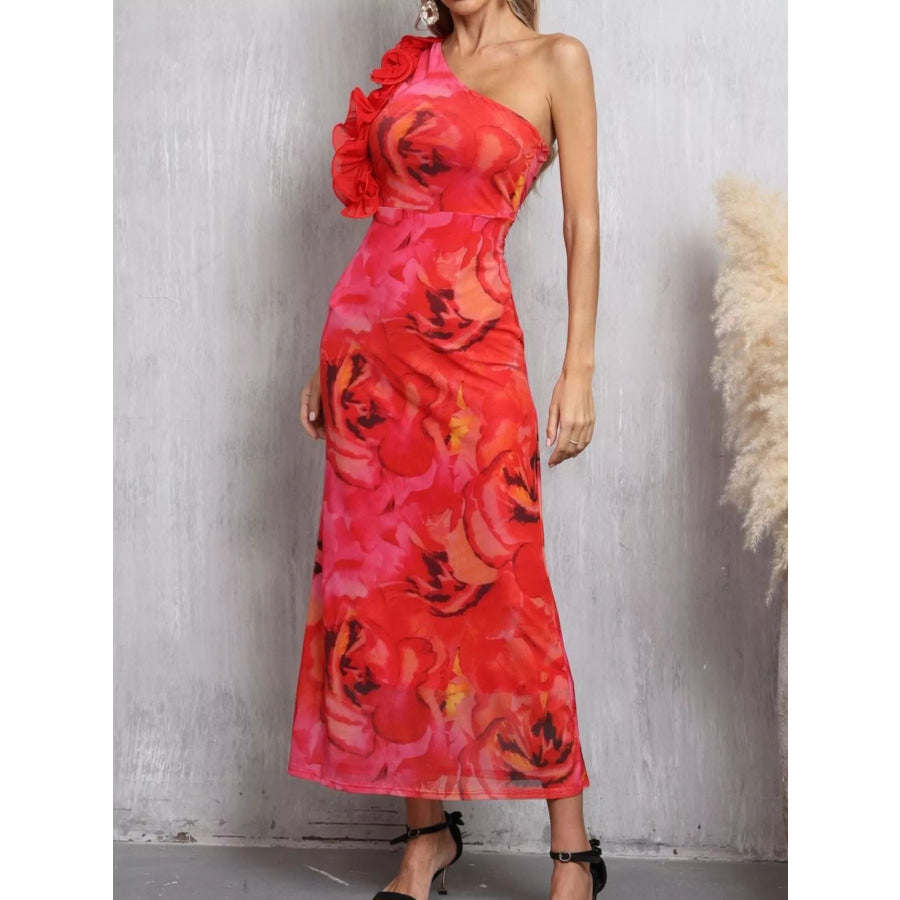 Floral Print One Shoulder Ruffle Trim Dress Apparel and Accessories