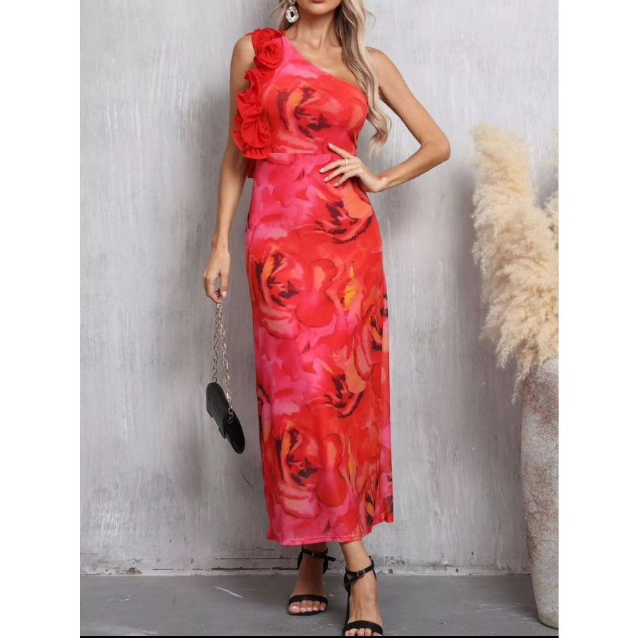 Floral Print One Shoulder Ruffle Trim Dress Red / S Apparel and Accessories