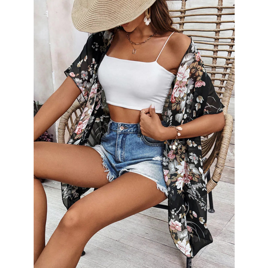 Floral Print Open Front Cardigan Black / S Apparel and Accessories