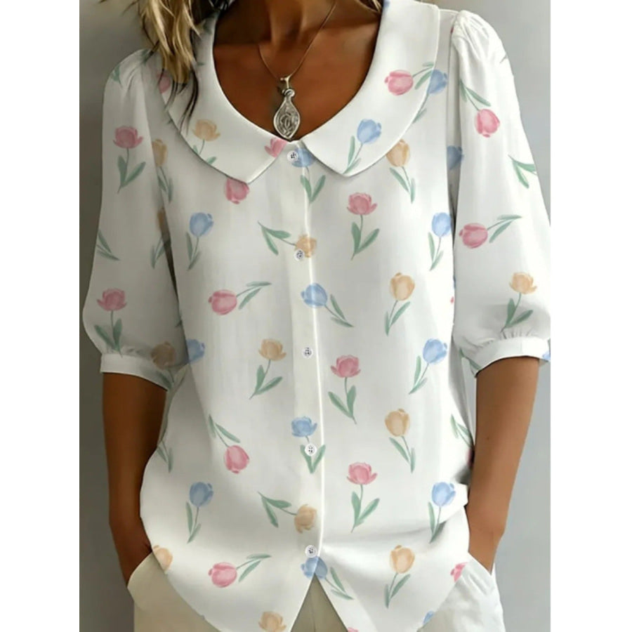 Floral Print Peter Pan Collar Shirt Light Blue / S Apparel and Accessories