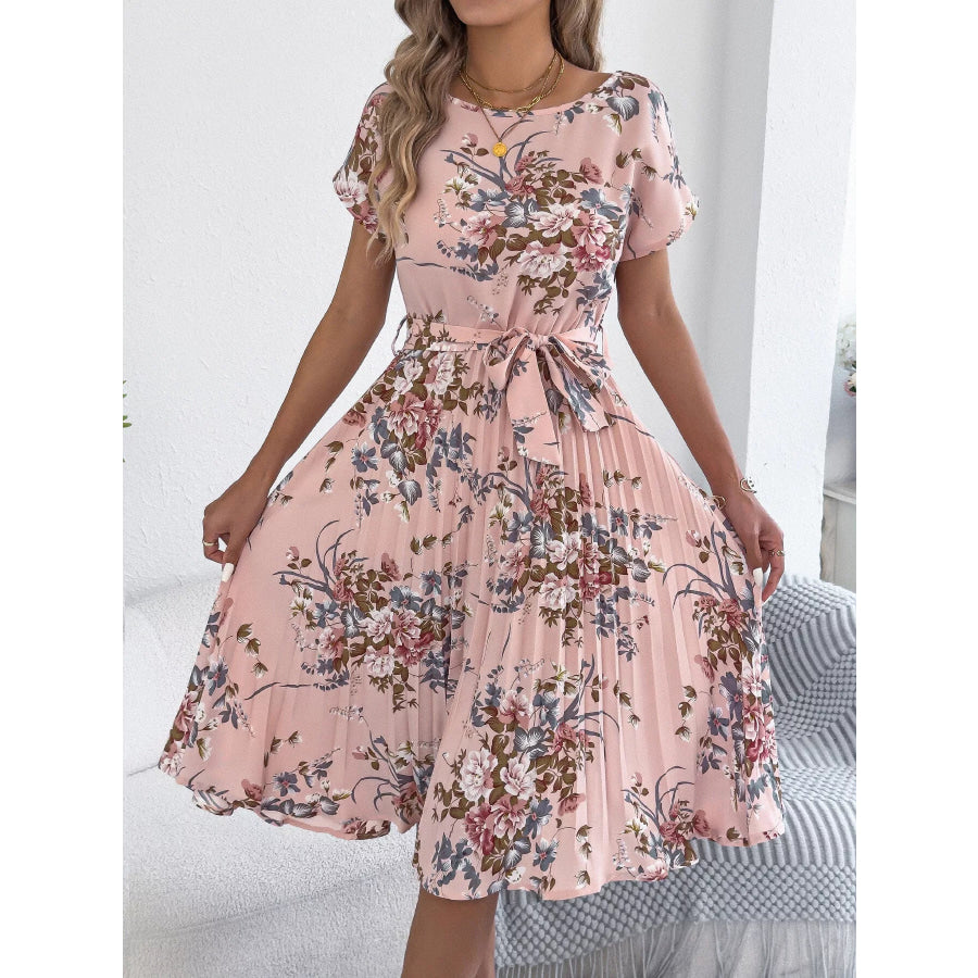 Floral Print Pleated A-Line Midi Dress Apparel and Accessories
