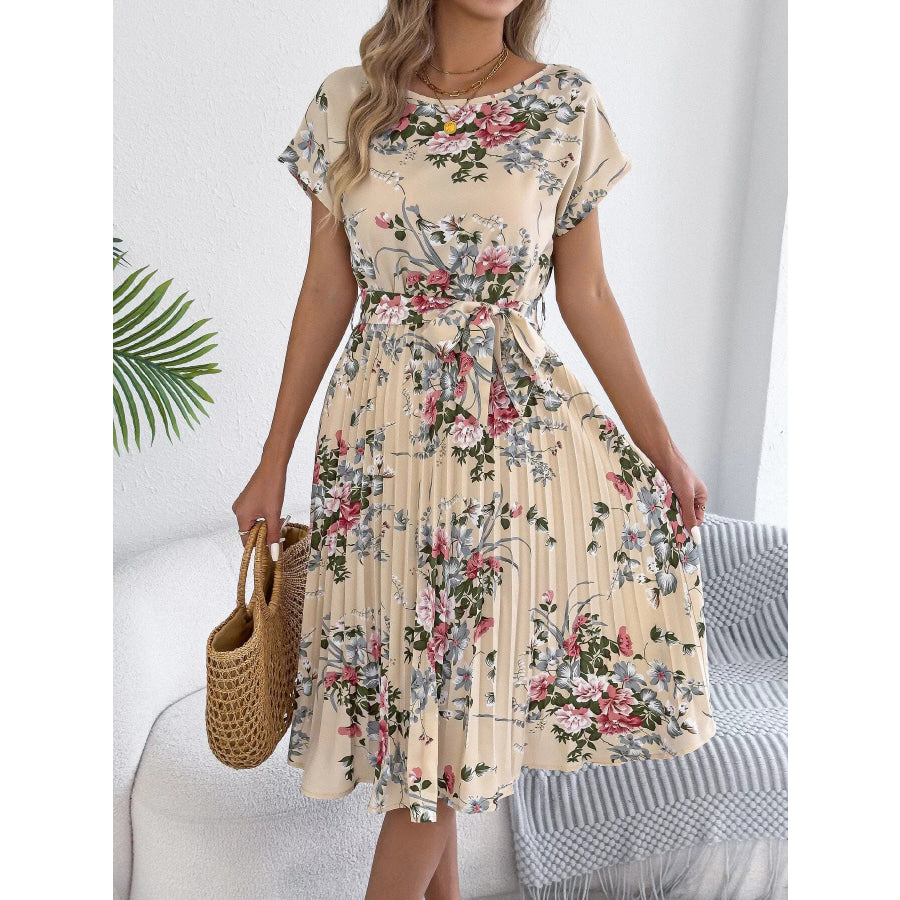 Floral Print Pleated A-Line Midi Dress Apricot / S Apparel and Accessories