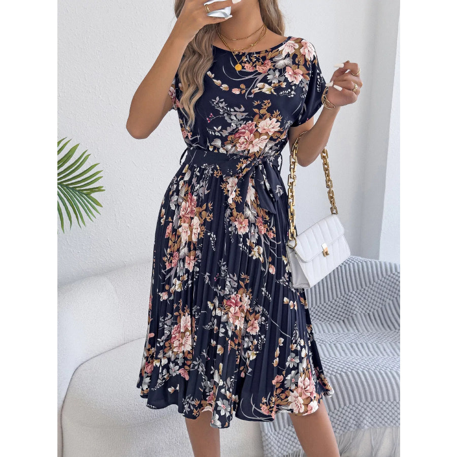 Floral Print Pleated A-Line Midi Dress Navy / S Apparel and Accessories