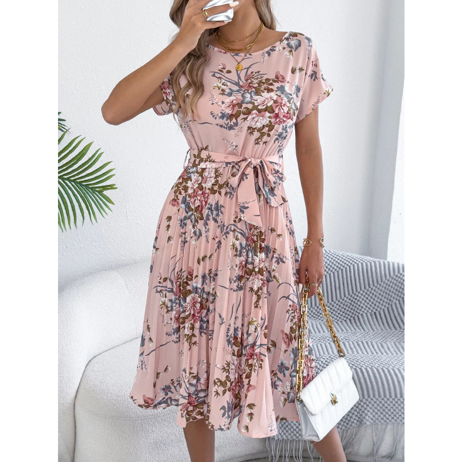 Floral Print Pleated A-Line Midi Dress Pink / S Apparel and Accessories