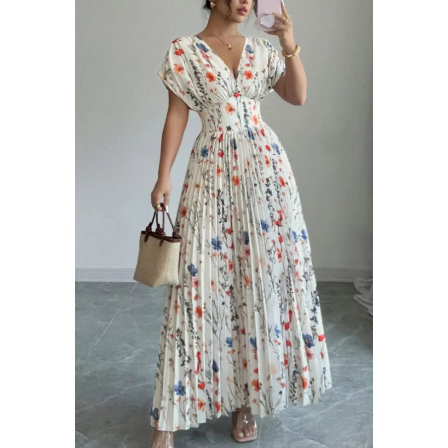 Floral Print Pleated Maxi Dress White / S Apparel and Accessories