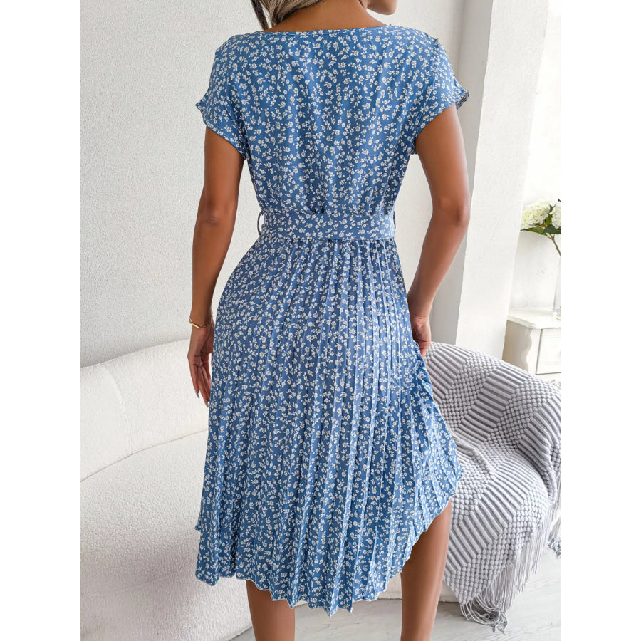 Floral Print Pleated Midi Dress with Belt Apparel and Accessories