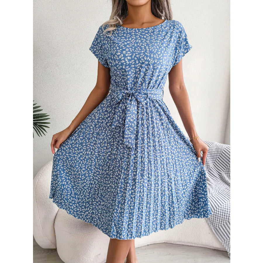 Floral Print Pleated Midi Dress with Belt Apparel and Accessories