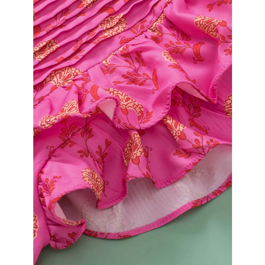Floral Print Pleated Ruffled Flutter Sleeve Blouse Apparel and Accessories
