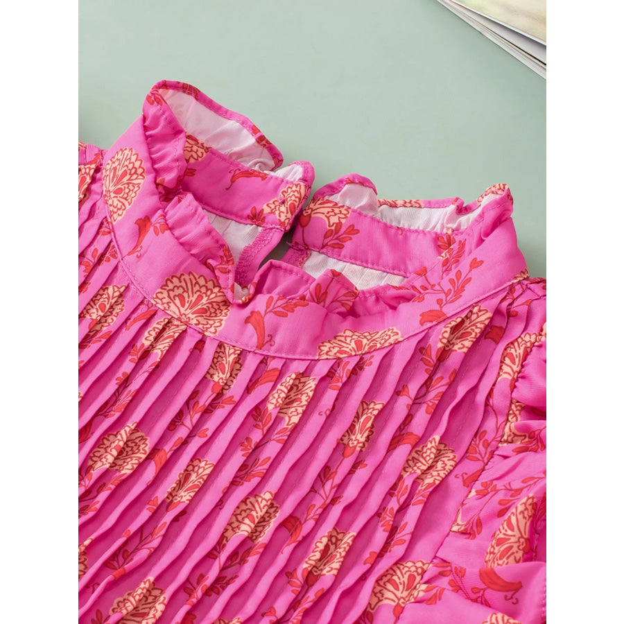 Floral Print Pleated Ruffled Flutter Sleeve Blouse Apparel and Accessories