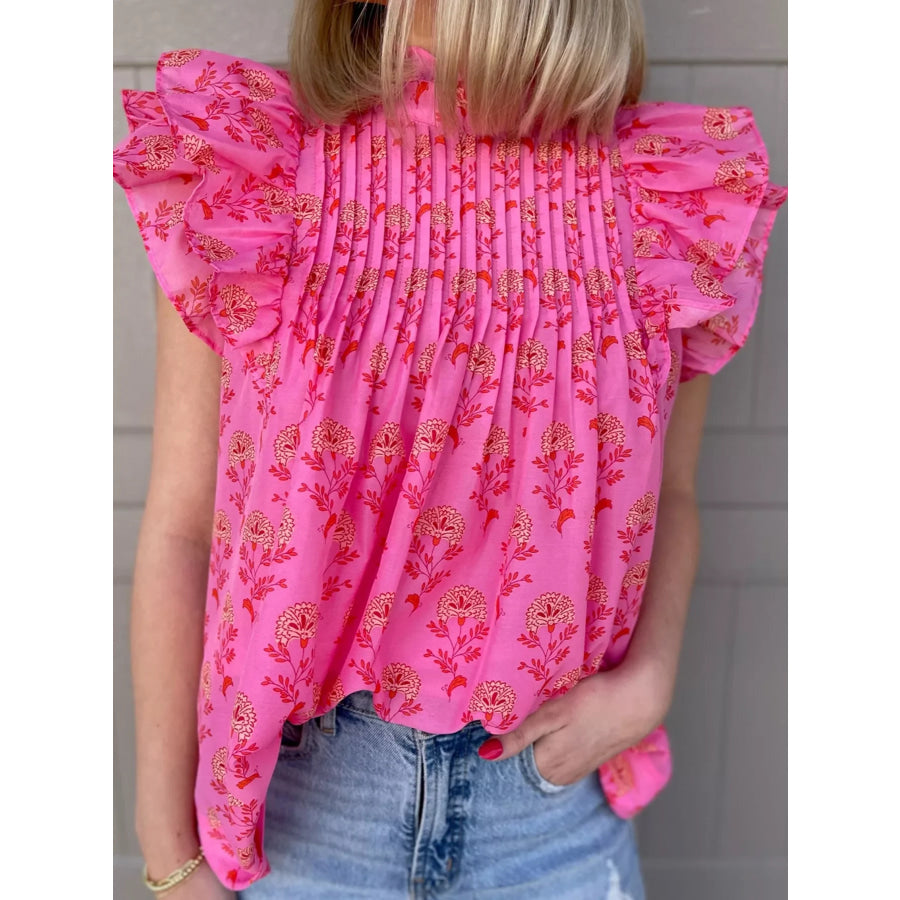 Floral Print Pleated Ruffled Flutter Sleeve Blouse Apparel and Accessories