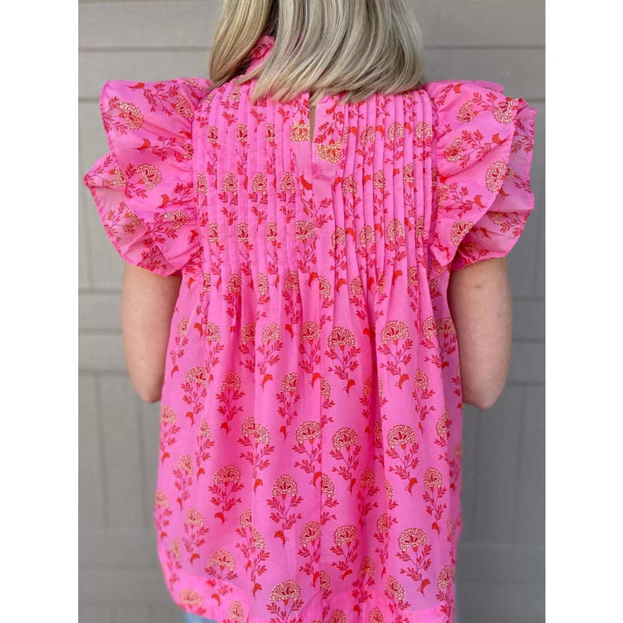 Floral Print Pleated Ruffled Flutter Sleeve Blouse Apparel and Accessories