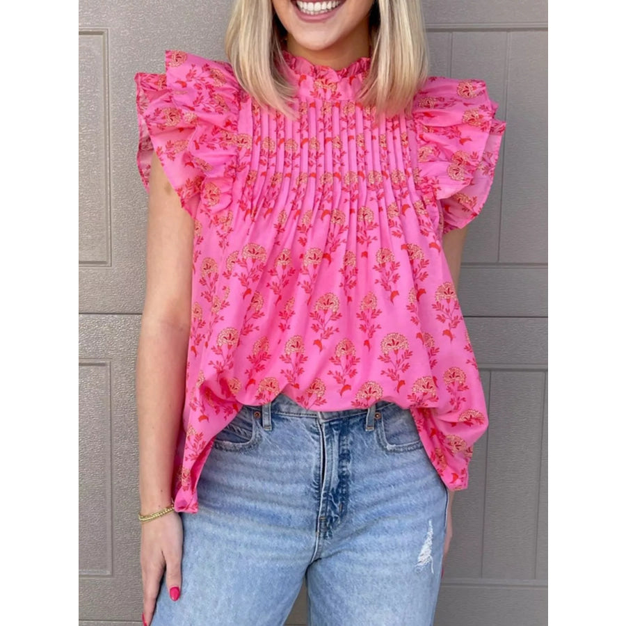 Floral Print Pleated Ruffled Flutter Sleeve Blouse Apparel and Accessories