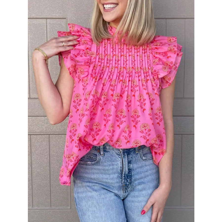 Floral Print Pleated Ruffled Flutter Sleeve Blouse Apparel and Accessories