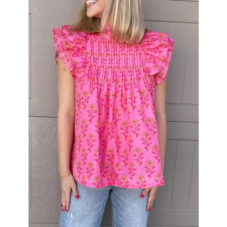 Floral Print Pleated Ruffled Flutter Sleeve Blouse Hot Pink / S Apparel and Accessories