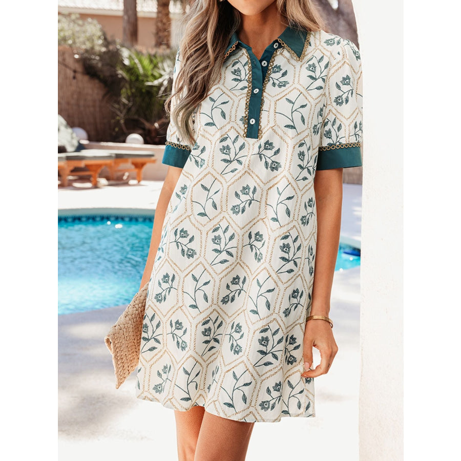 Floral Print Polo Collar Casual Mini Dress Apparel and Accessories