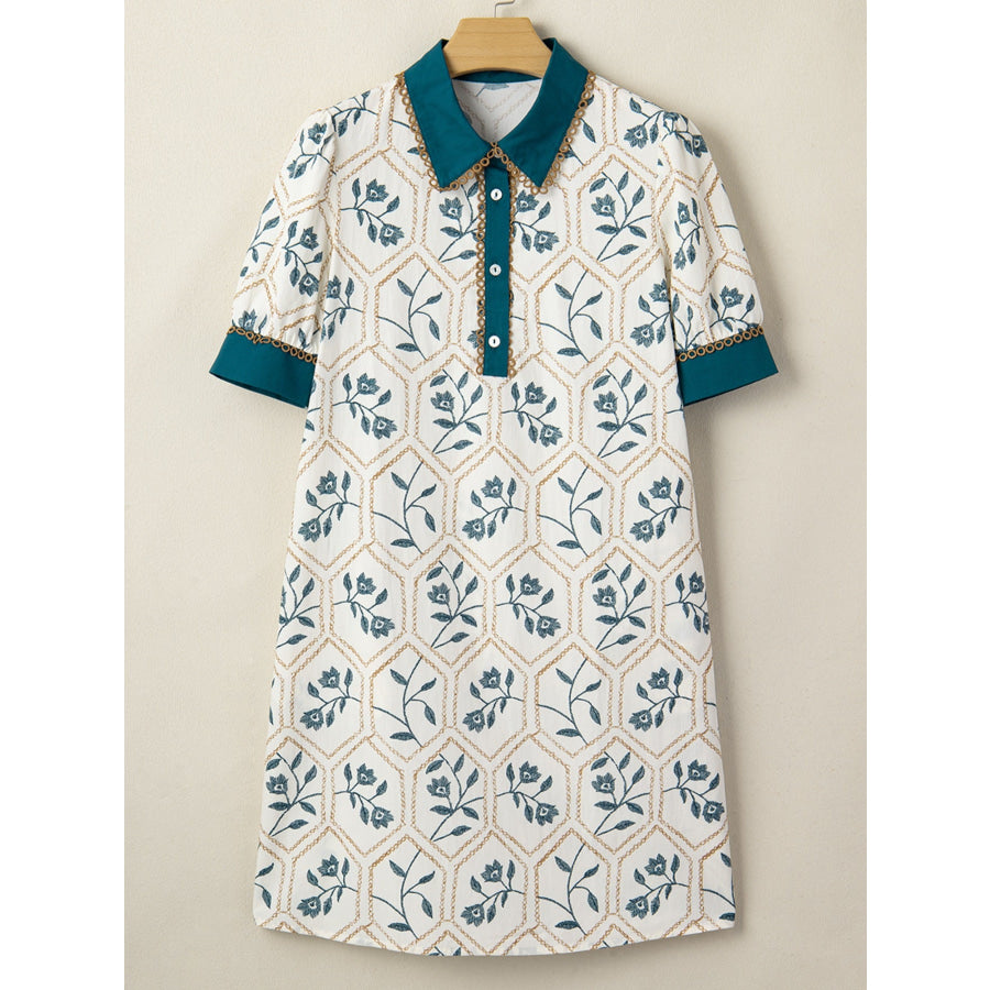 Floral Print Polo Collar Casual Mini Dress Apparel and Accessories