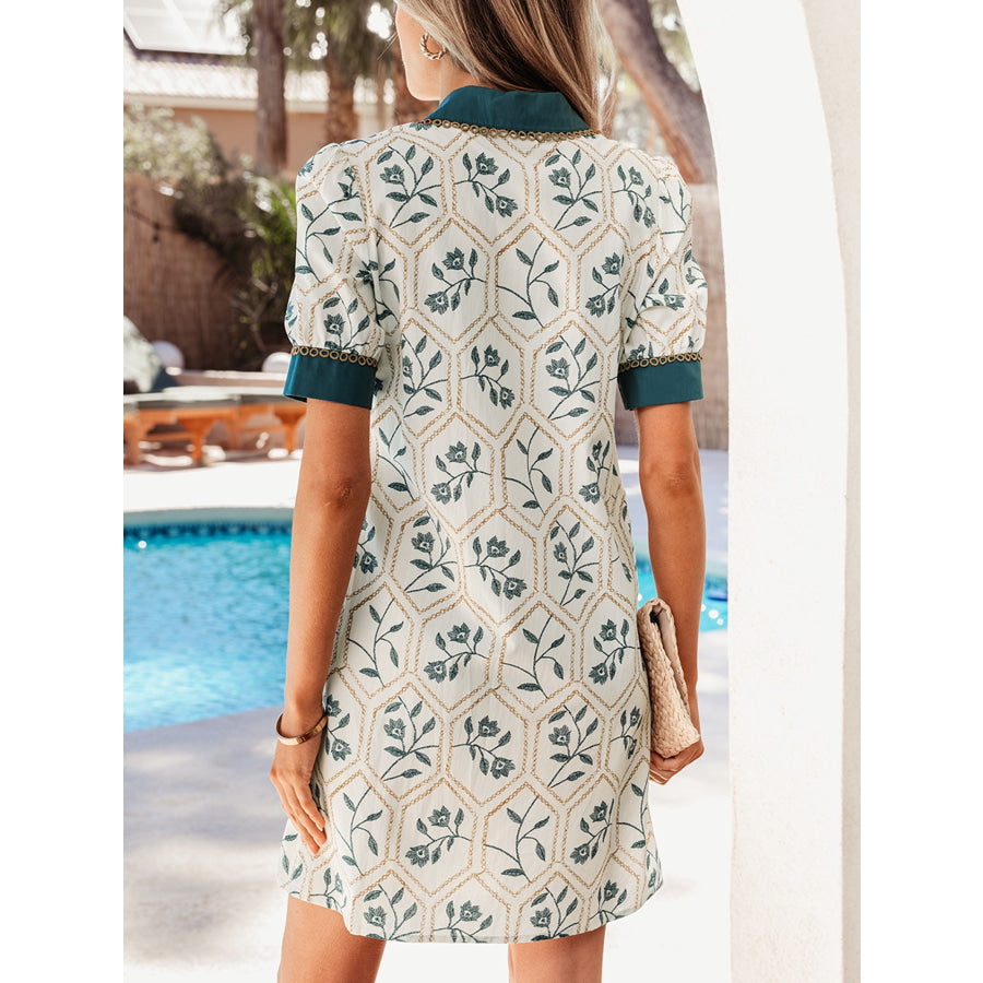 Floral Print Polo Collar Casual Mini Dress Apparel and Accessories