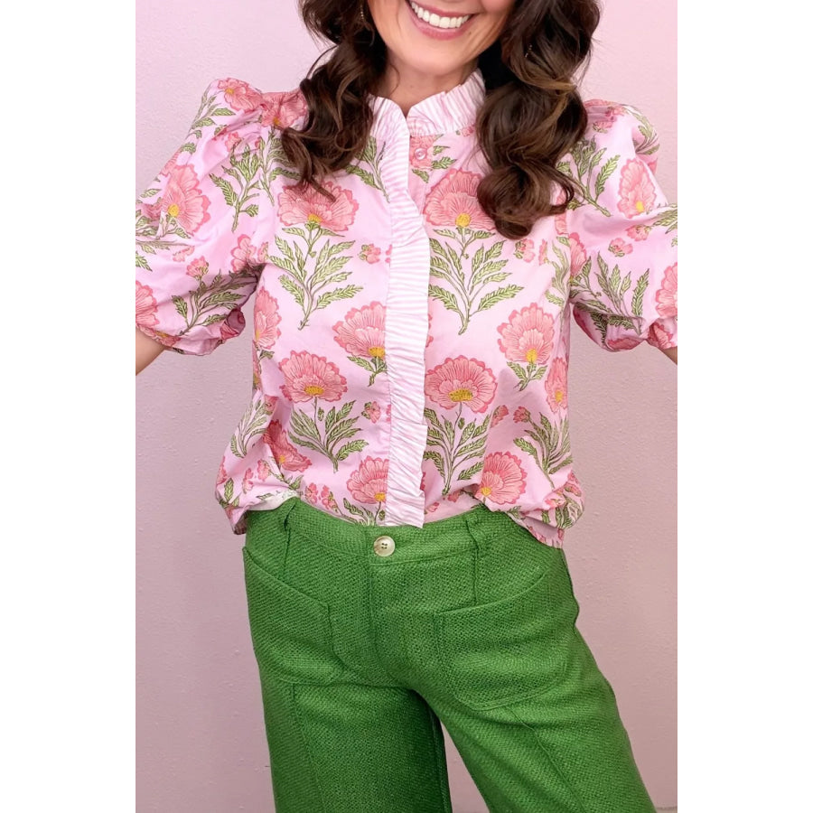 Floral Print Puff Sleeve Blouse Apparel and Accessories