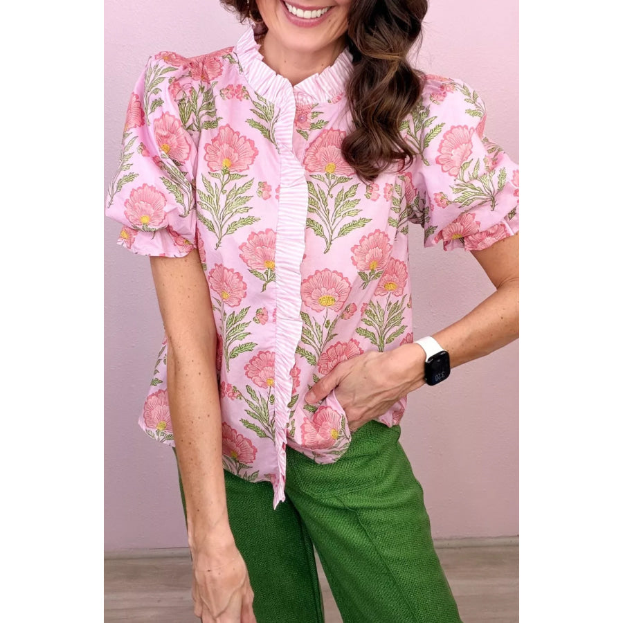 Floral Print Puff Sleeve Blouse Apparel and Accessories