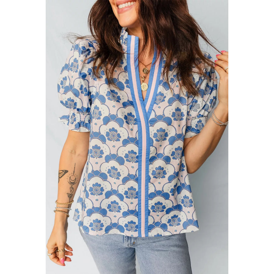 Floral Print Puff Sleeve Blouse Light Blue / S Apparel and Accessories