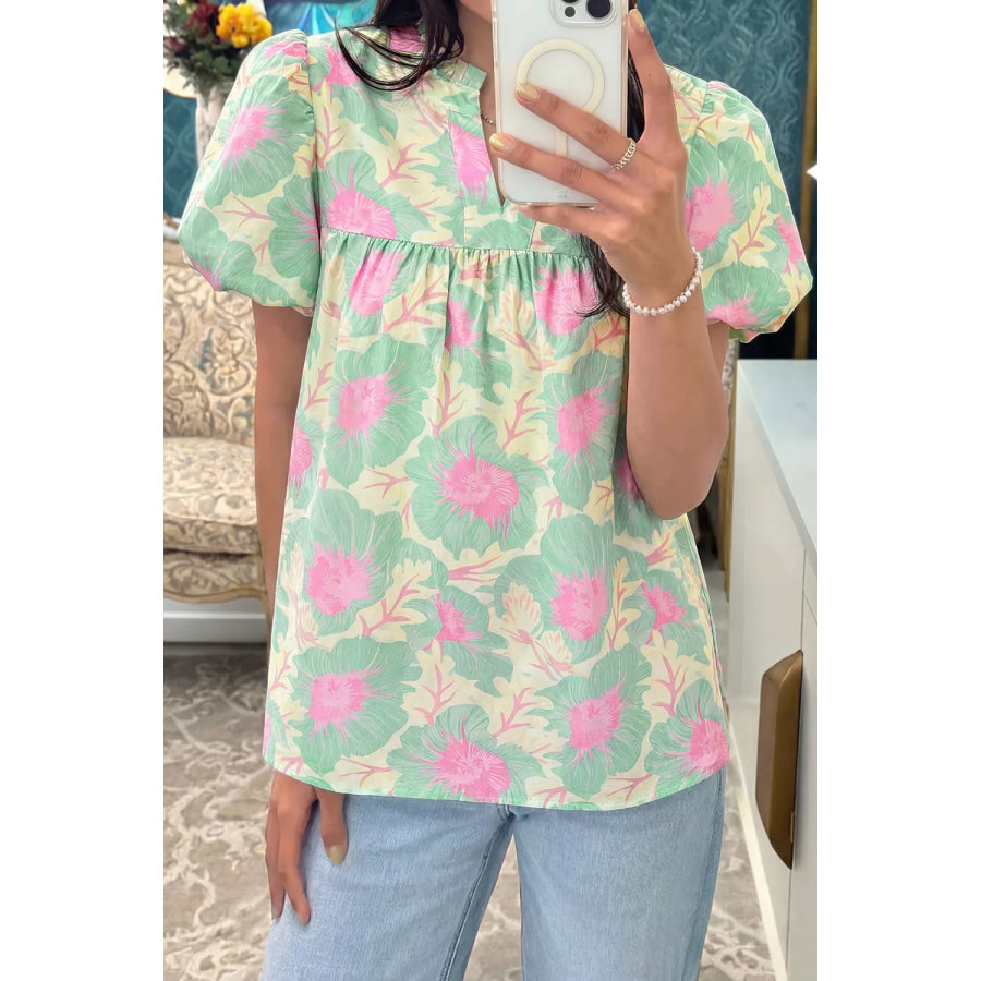 Floral Print Puff Sleeve Blouse Sage / S Apparel and Accessories